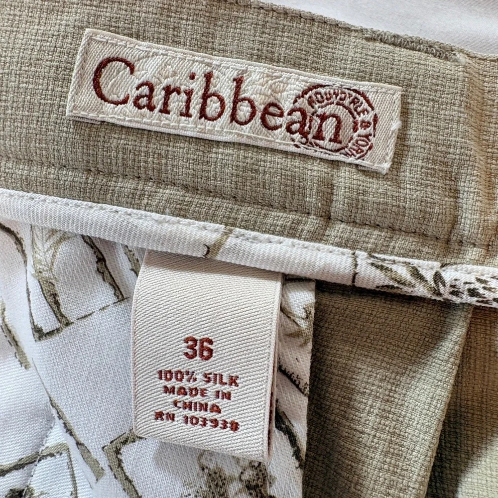 Caribbean Roundtree & Yorke Silk Cargo Shorts Mens 36 Tan Pleated Casual Luxury